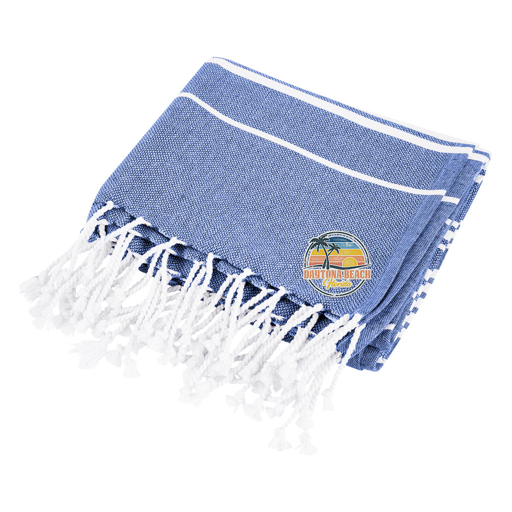 Beach Blanket with Tassel Fringe, Recycled - Blue - Embroidery