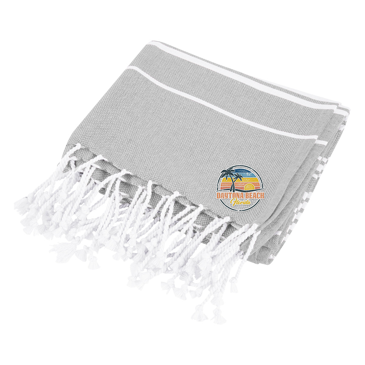 Beach Blanket with Tassel Fringe, Recycled - Gray - Embroidery