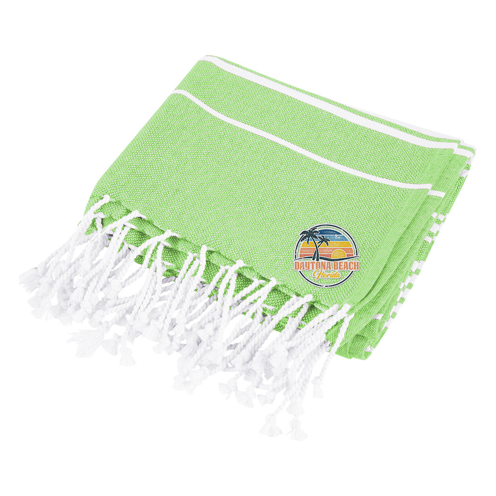 Beach Blanket with Tassel Fringe, Recycled - Lime Green - Embroidery