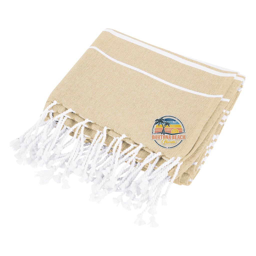 Beach Blanket with Tassel Fringe, Recycled - Tan - Embroidery