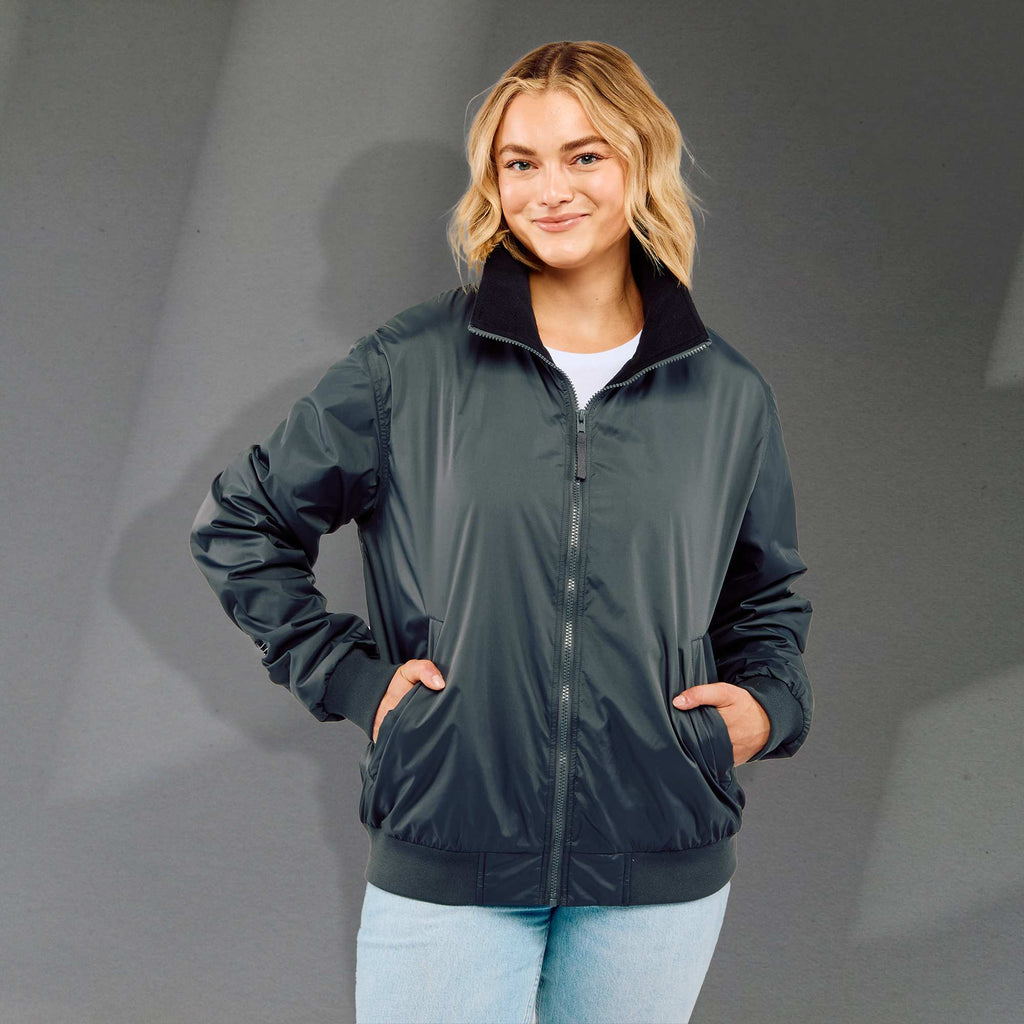 Belford Fleece Lined Bomber Jacket in Recycled Nylon, Unisex Embroidery - Black - Front On Model 2