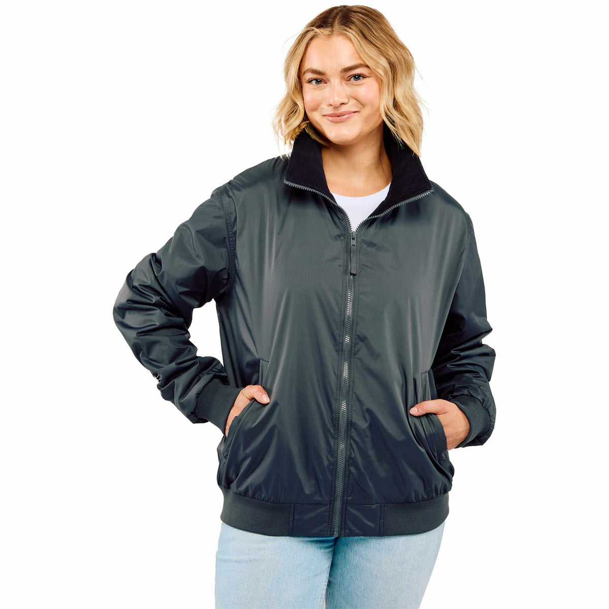Belford Fleece Lined Bomber Jacket in Recycled Nylon, Unisex Embroidery - Black - Front On Model