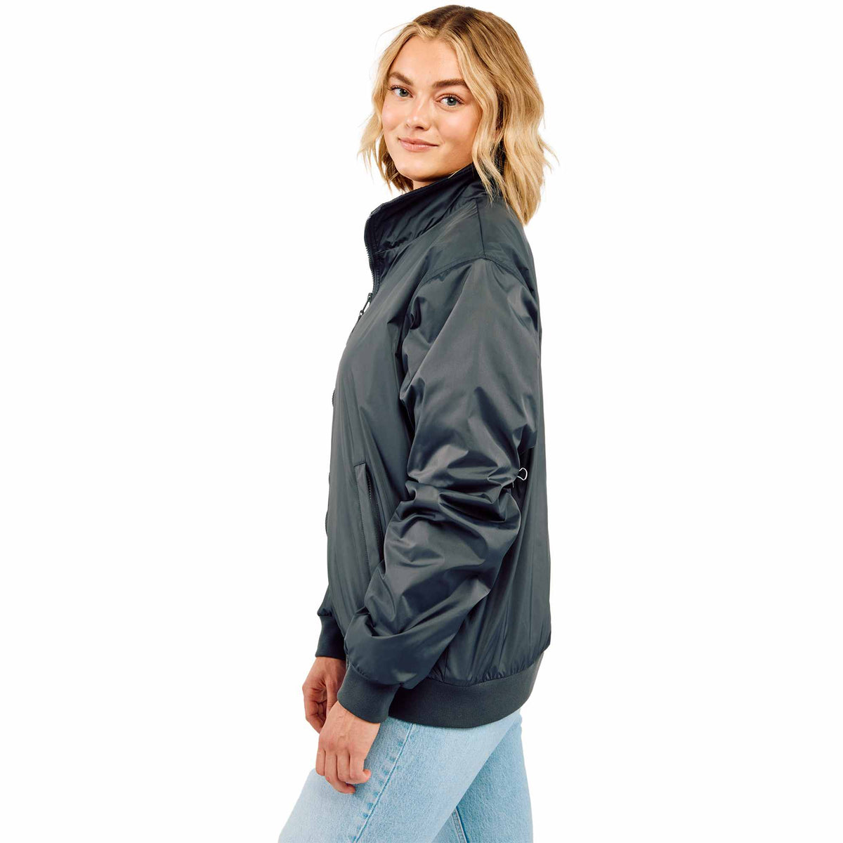 Belford Fleece Lined Bomber Jacket in Recycled Nylon, Unisex Embroidery - Black - Left Side On Model
