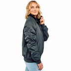Belford Fleece Lined Bomber Jacket in Recycled Nylon, Unisex Embroidery - Black - Right Side On Model