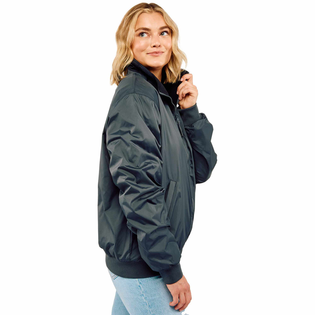 Belford Fleece Lined Bomber Jacket in Recycled Nylon, Unisex Embroidery - Black - Right Side On Model