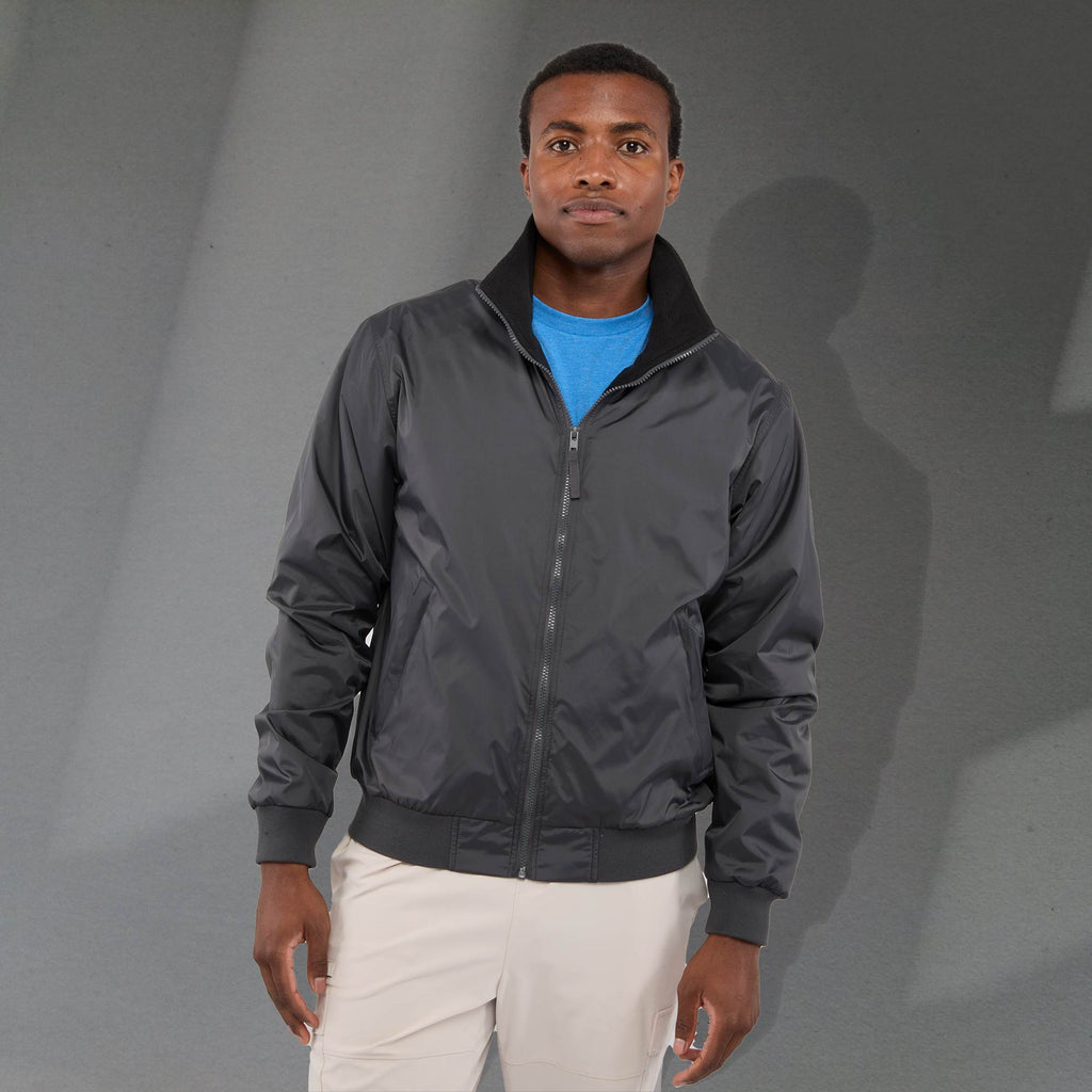 Belford Fleece Lined Bomber Jacket in Recycled Nylon, Unisex Embroidery - Grey Storm - Front On Model 2