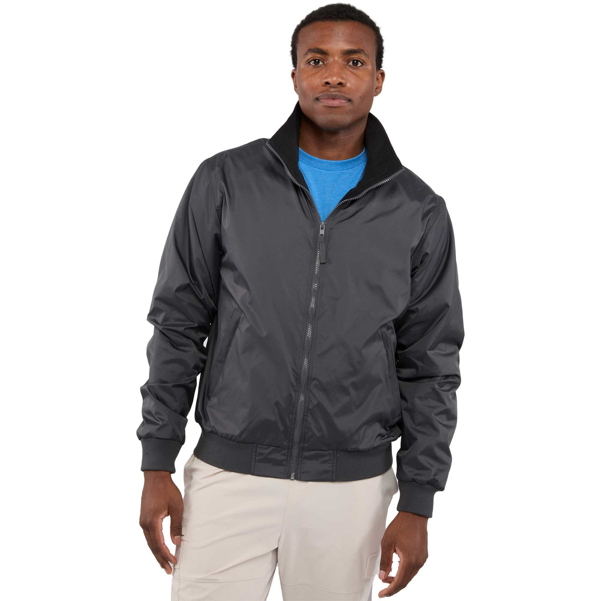 Belford Fleece Lined Bomber Jacket in Recycled Nylon, Unisex Embroidery - Grey Storm - Front On Model