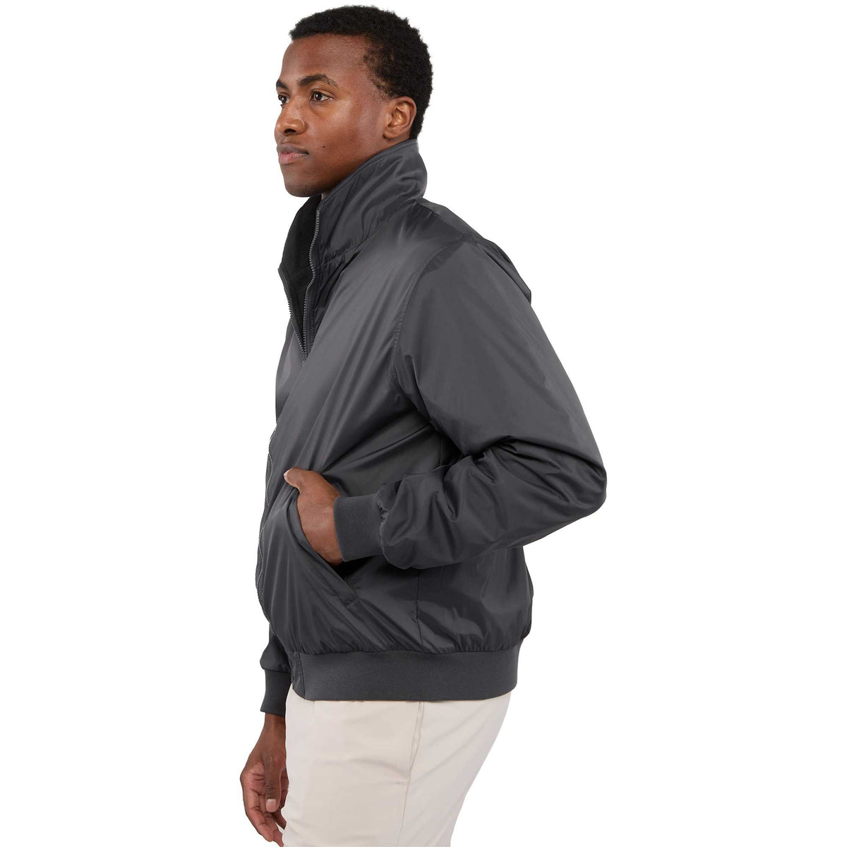 Belford Fleece Lined Bomber Jacket in Recycled Nylon, Unisex Embroidery - Grey Storm - Left Side On Model 2