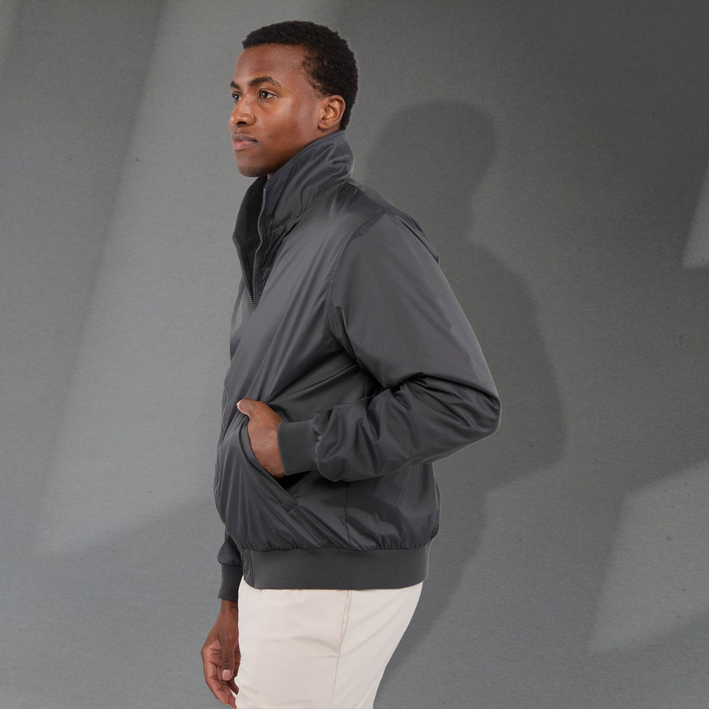 Belford Fleece Lined Bomber Jacket in Recycled Nylon, Unisex Embroidery - Grey Storm - Left Side On Model