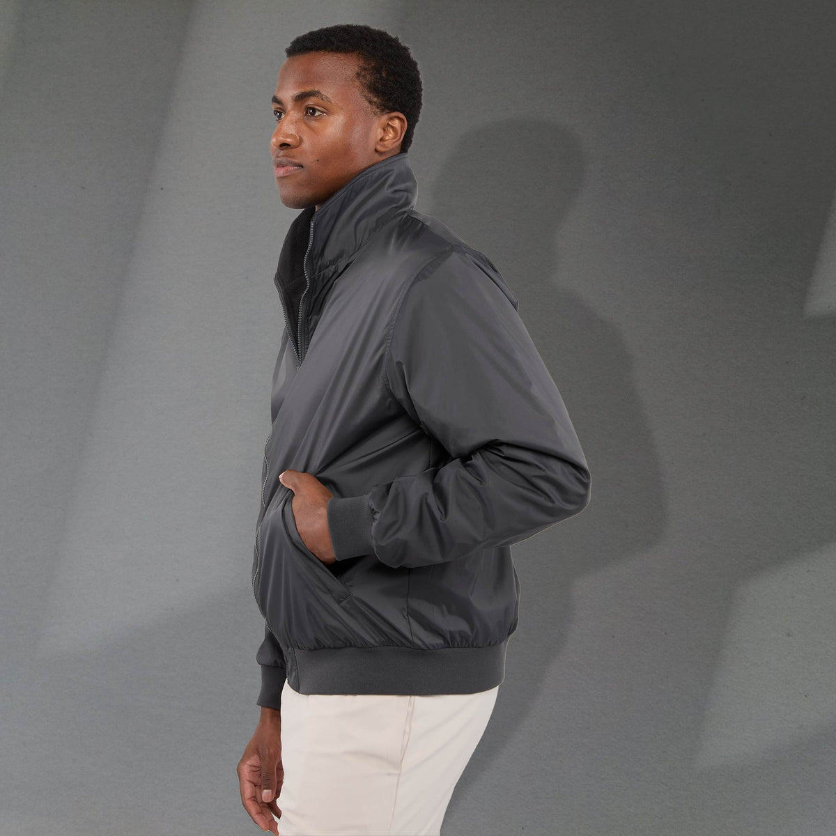 Belford Fleece Lined Bomber Jacket in Recycled Nylon, Unisex Embroidery - Grey Storm - Left Side On Model