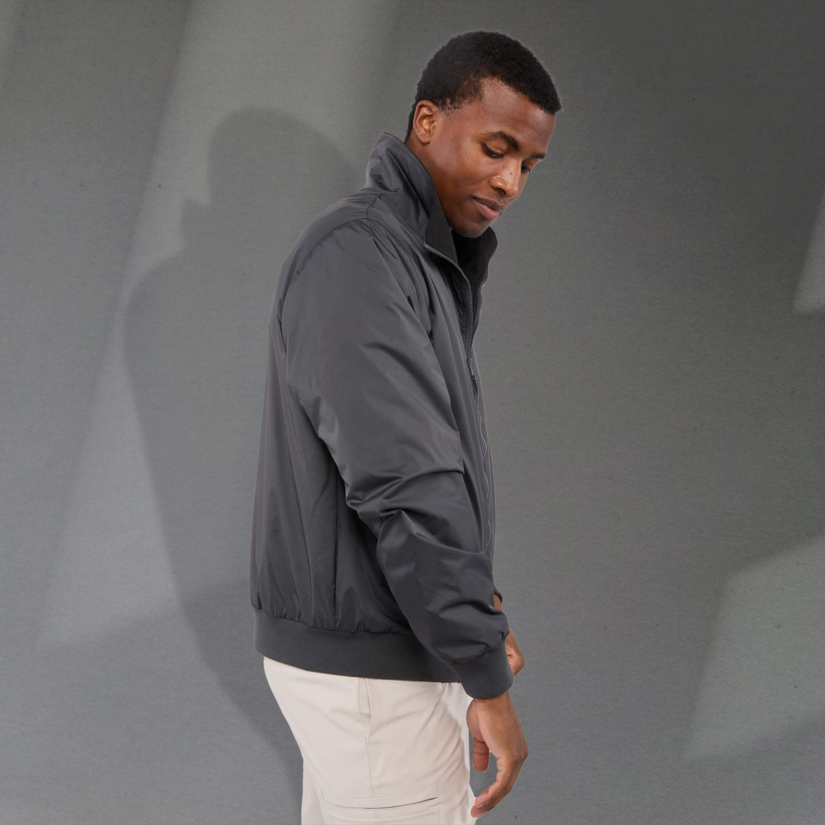Belford Fleece Lined Bomber Jacket in Recycled Nylon, Unisex Embroidery - Grey Storm - Right Side On Model 2