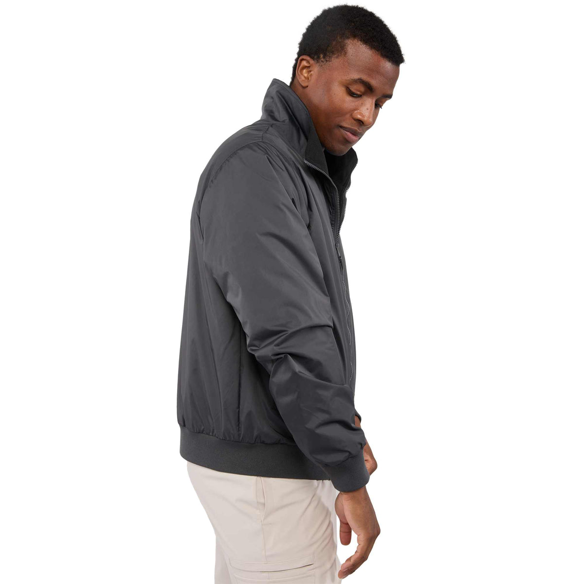 Belford Fleece Lined Bomber Jacket in Recycled Nylon, Unisex Embroidery - Grey Storm - Right Side On Model