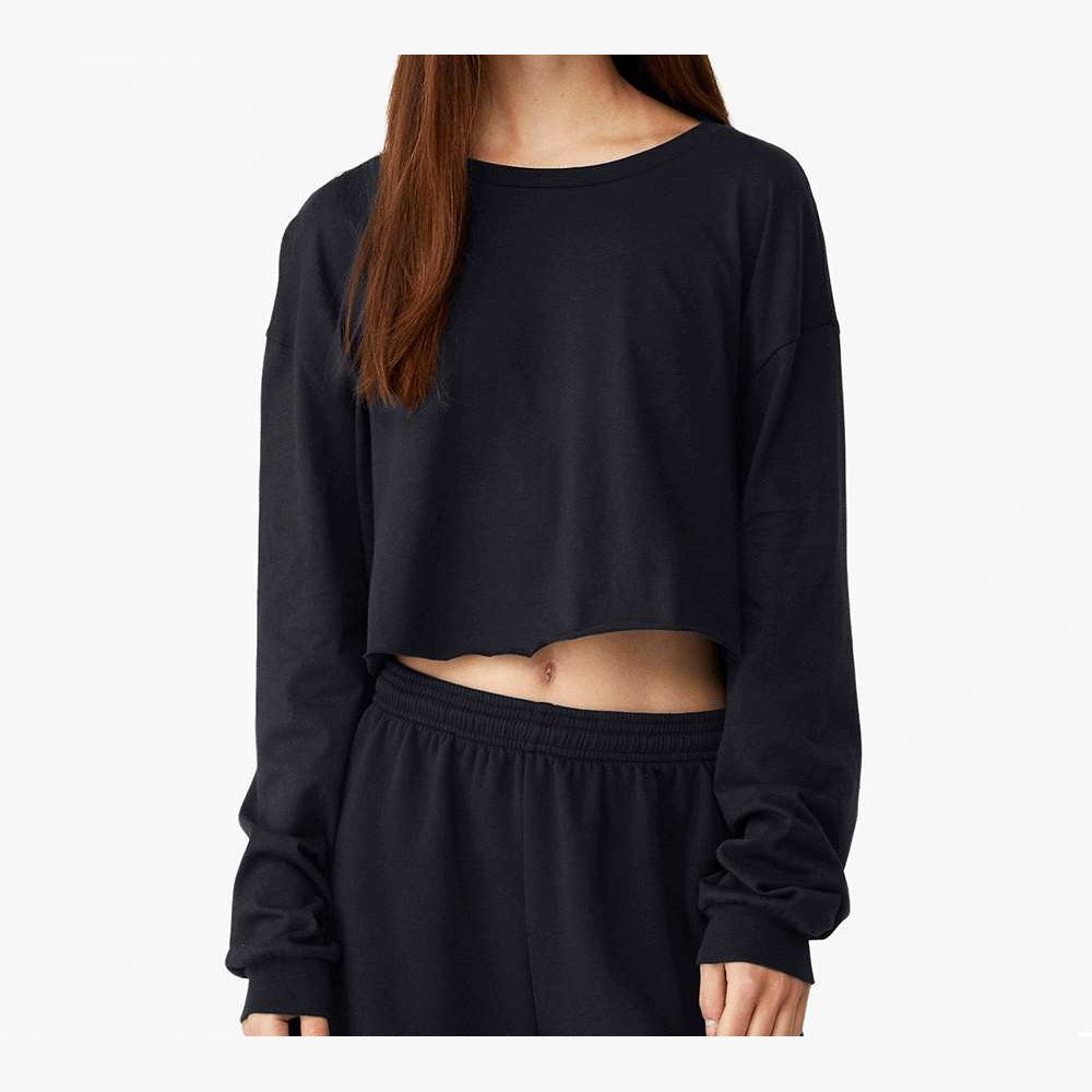 BELLA + CANVAS Women's FWD Fashion Crop Long Sleeve Tee - Black - On Model Front