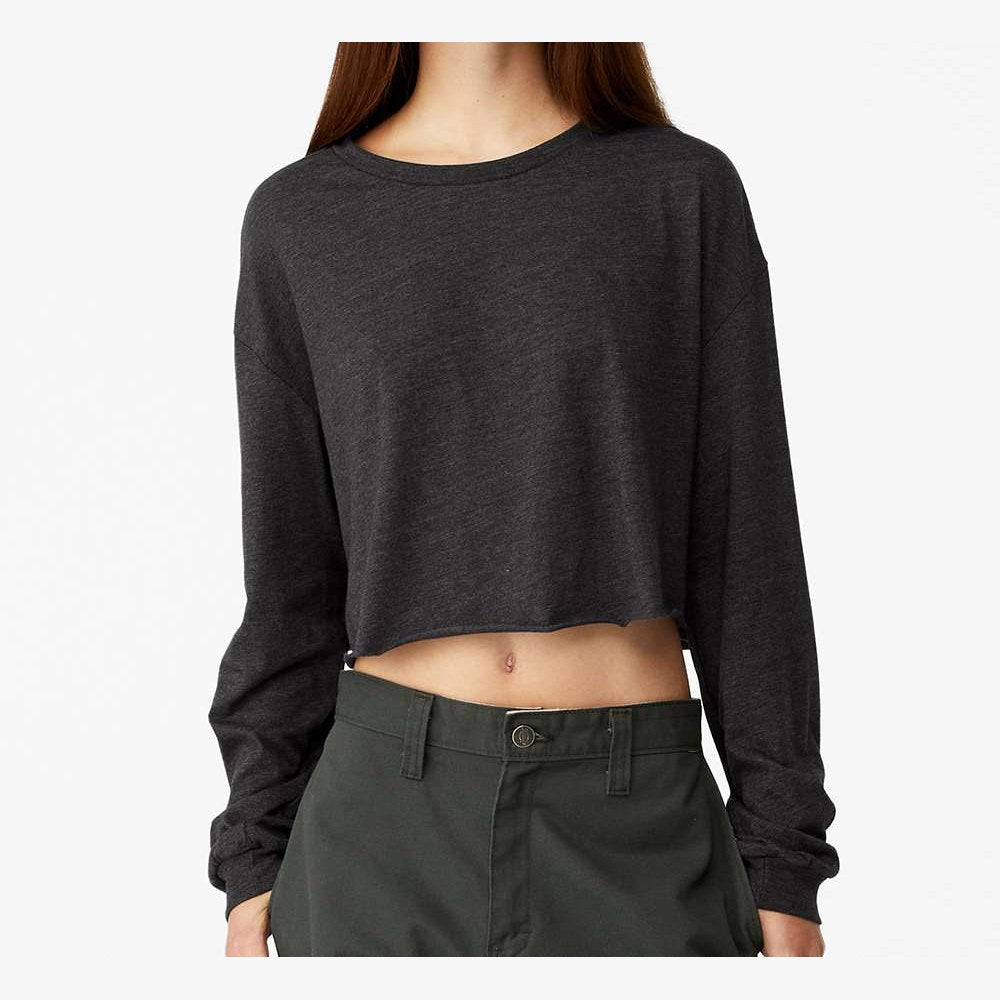 BELLA + CANVAS Women's FWD Fashion Crop Long Sleeve Tee - Dark Grey Heather - On Model Front
