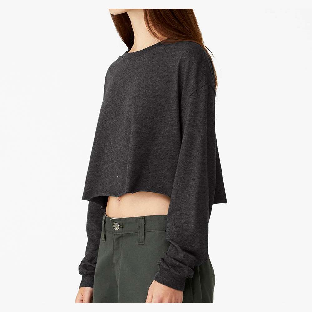 BELLA + CANVAS Women's FWD Fashion Crop Long Sleeve Tee - Dark Grey Heather - On Model Side