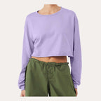 BELLA + CANVAS Women's FWD Fashion Crop Long Sleeve Tee - Dark Lavender - On Model Front