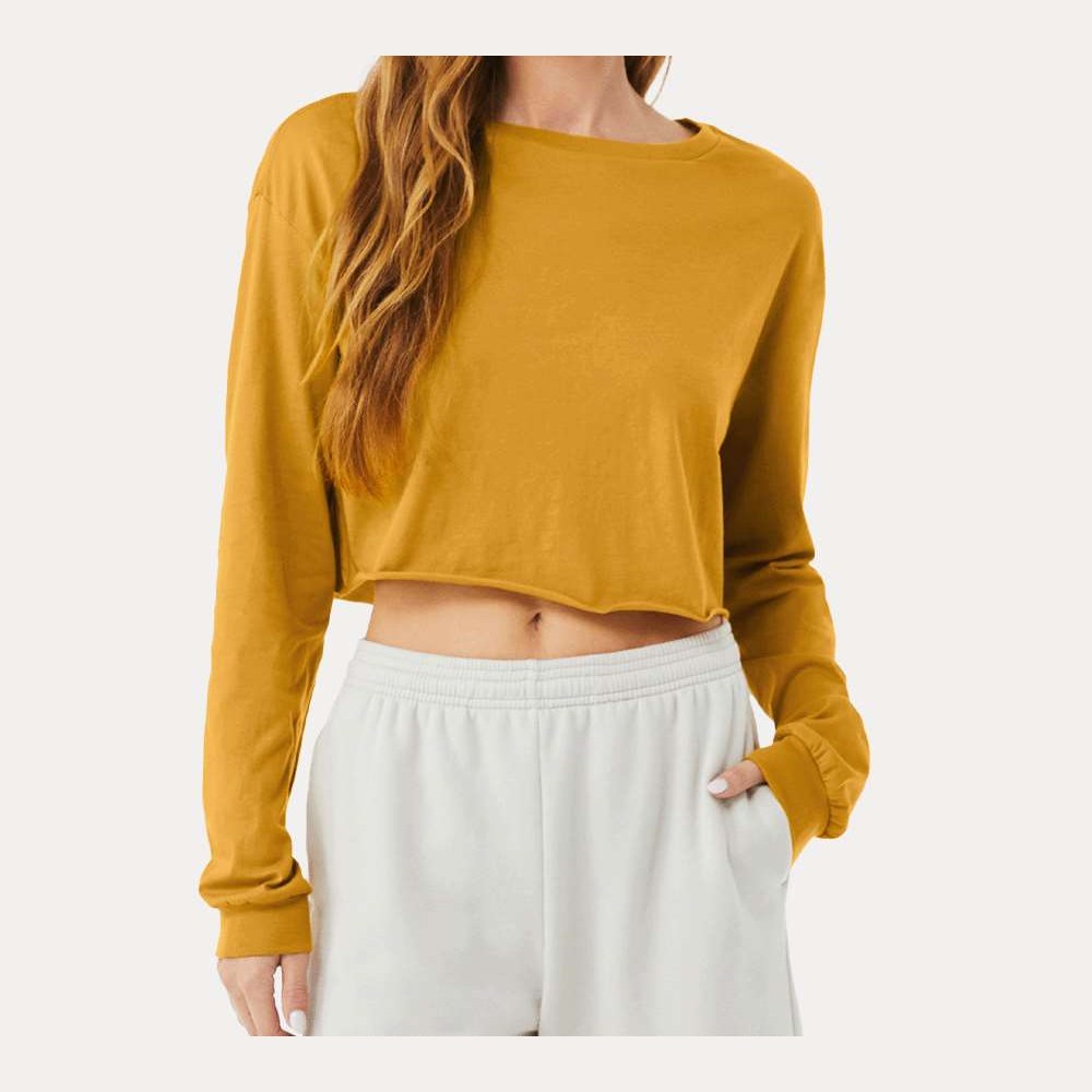 BELLA + CANVAS Women's FWD Fashion Crop Long Sleeve Tee - Mustard - On Model Front