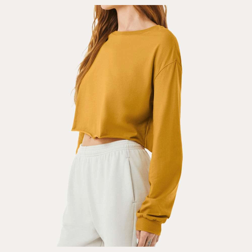 BELLA + CANVAS Women's FWD Fashion Crop Long Sleeve Tee - Mustard - On Model Side