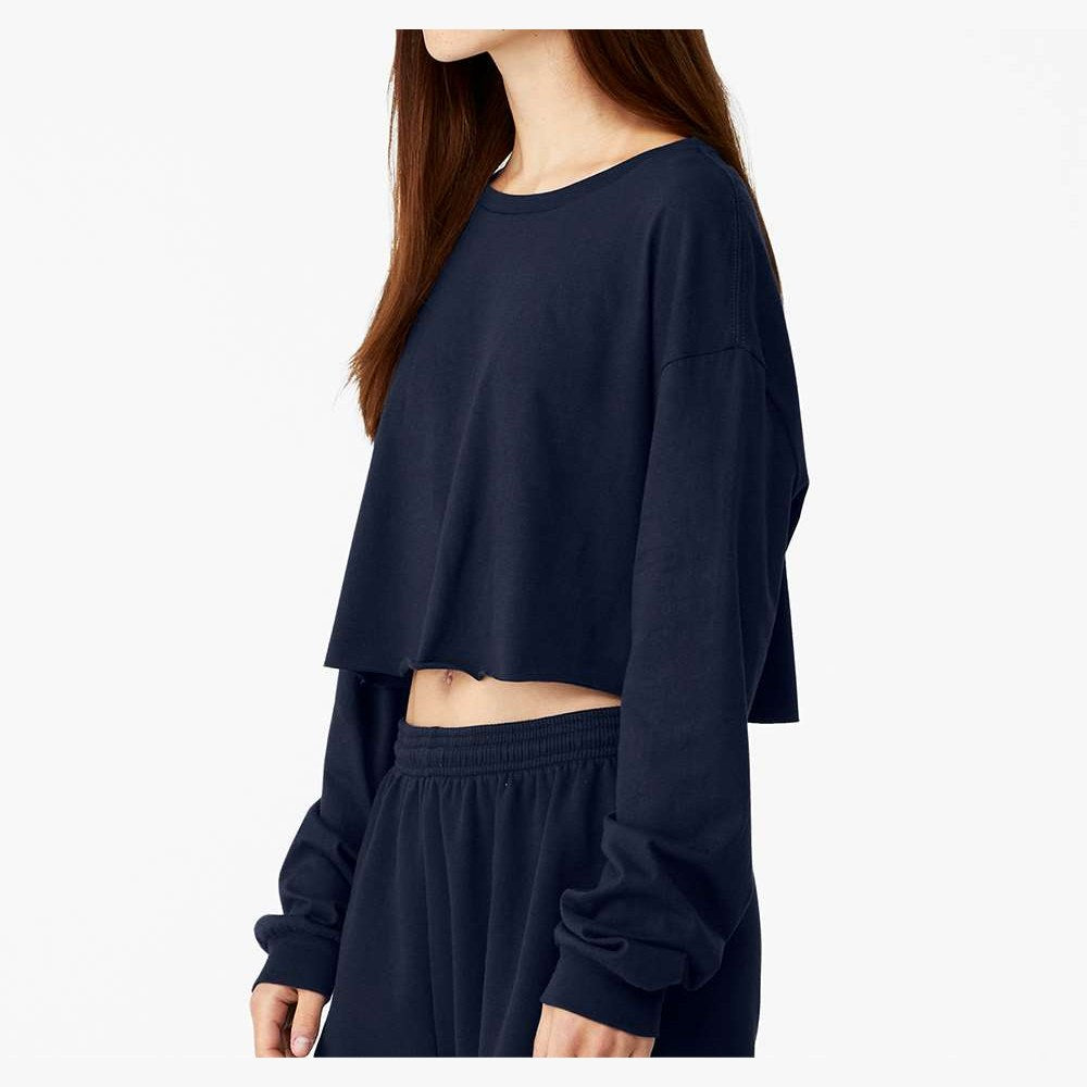 BELLA + CANVAS Women's FWD Fashion Crop Long Sleeve Tee - Navy - On Model Side