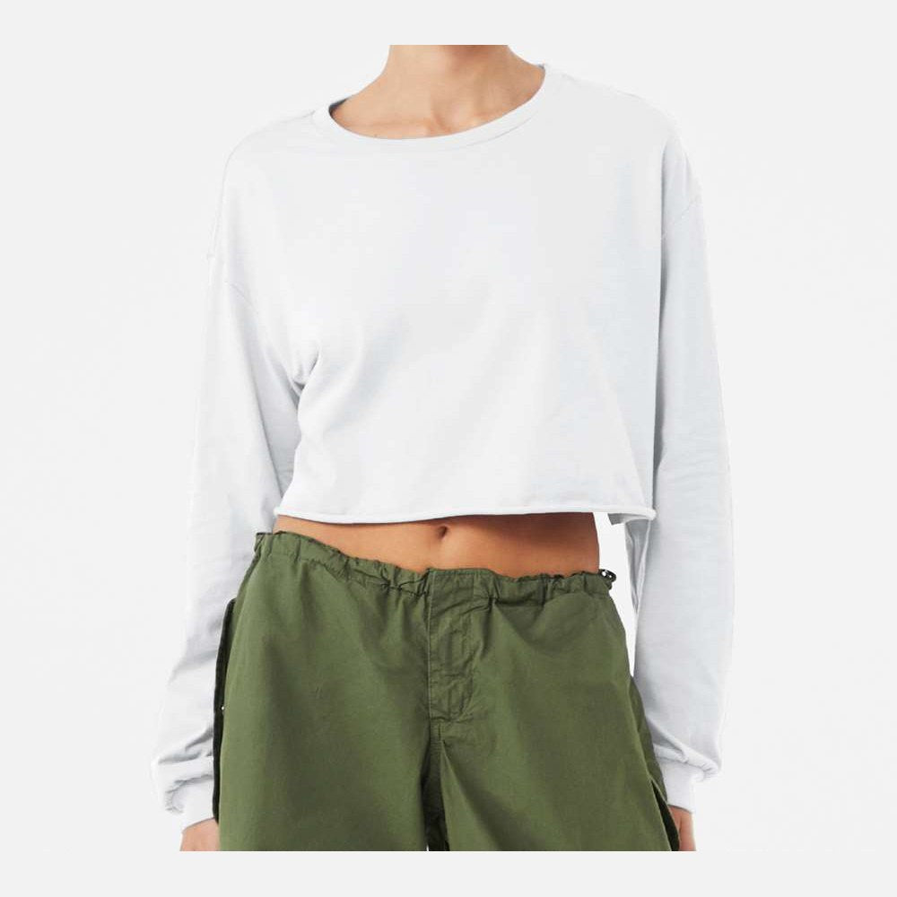 BELLA + CANVAS Women's FWD Fashion Crop Long Sleeve Tee - White - On Model Front
