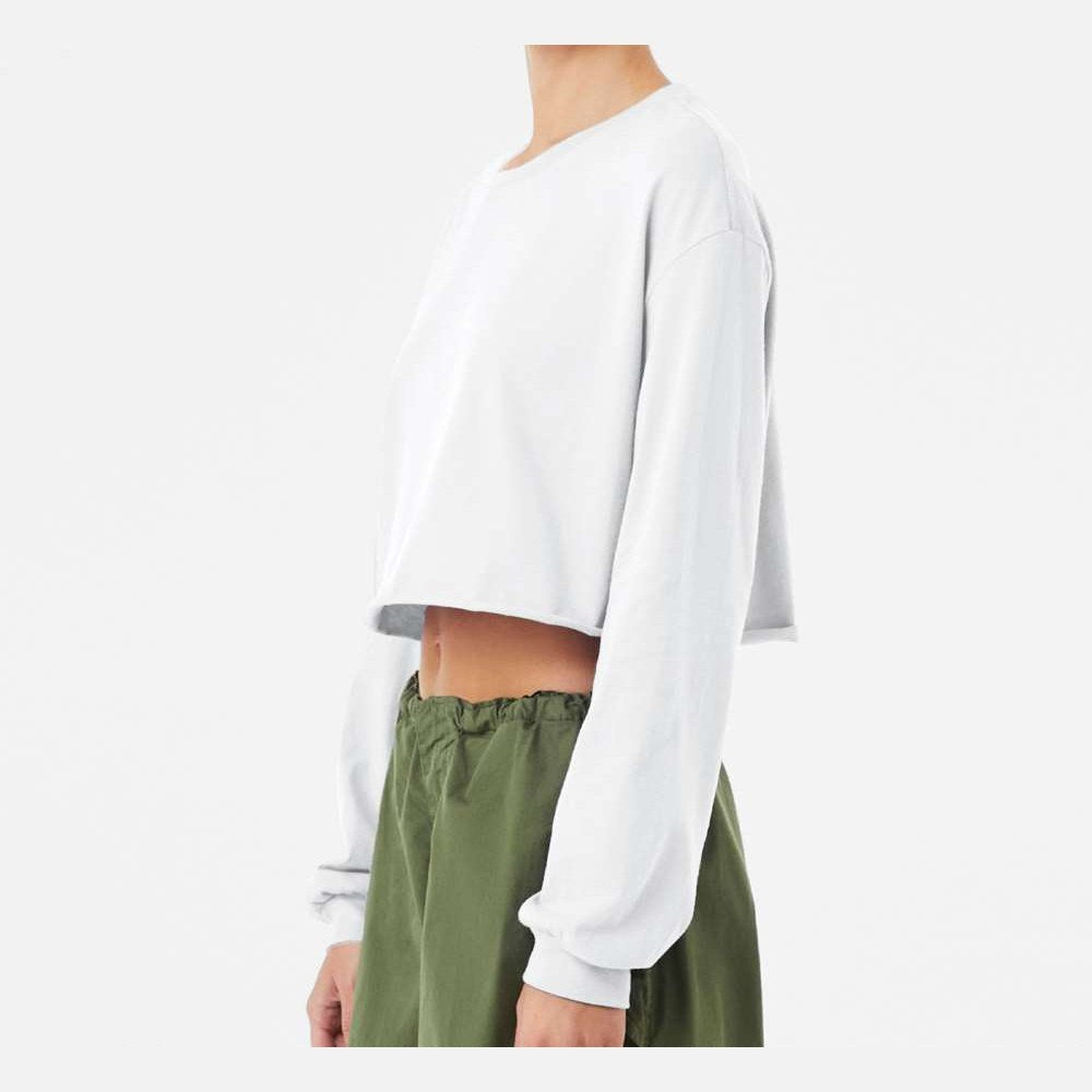 BELLA + CANVAS Women's FWD Fashion Crop Long Sleeve Tee - White - On Model Side