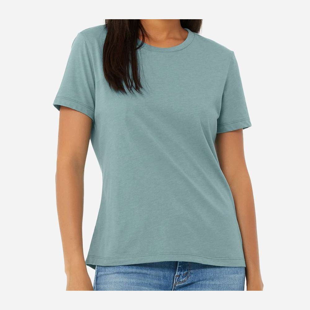 BELLA + CANVAS Women's Relaxed Fit Heather CVC Tee - Heather Blue Lagoon - On Model Front