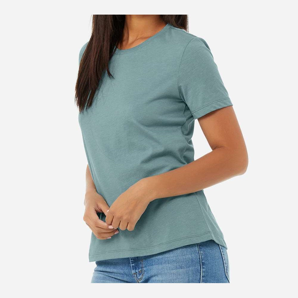 BELLA + CANVAS Women's Relaxed Fit Heather CVC Tee - Heather Blue Lagoon - On Model Side