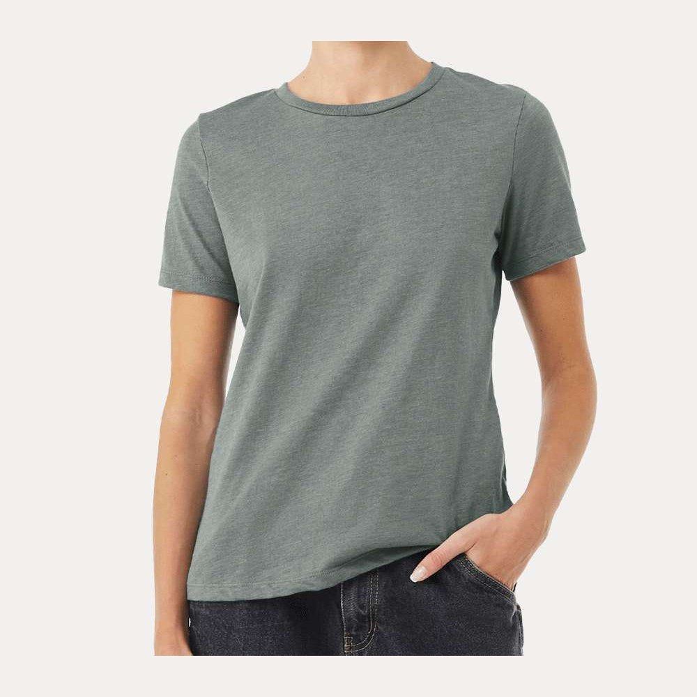 BELLA + CANVAS Women's Relaxed Fit Heather CVC Tee - Heather Blue Storm - On Model Front