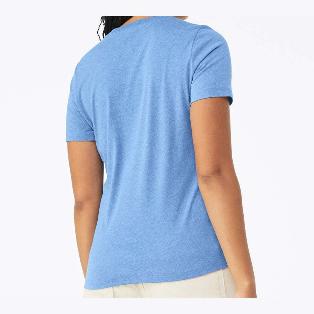 BELLA + CANVAS Women's Relaxed Fit Heather CVC Tee - Heather Carolina Blue - On Model Back