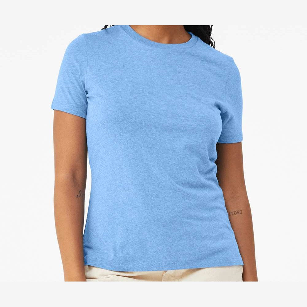 BELLA + CANVAS Women's Relaxed Fit Heather CVC Tee - Heather Carolina Blue - On Model Front