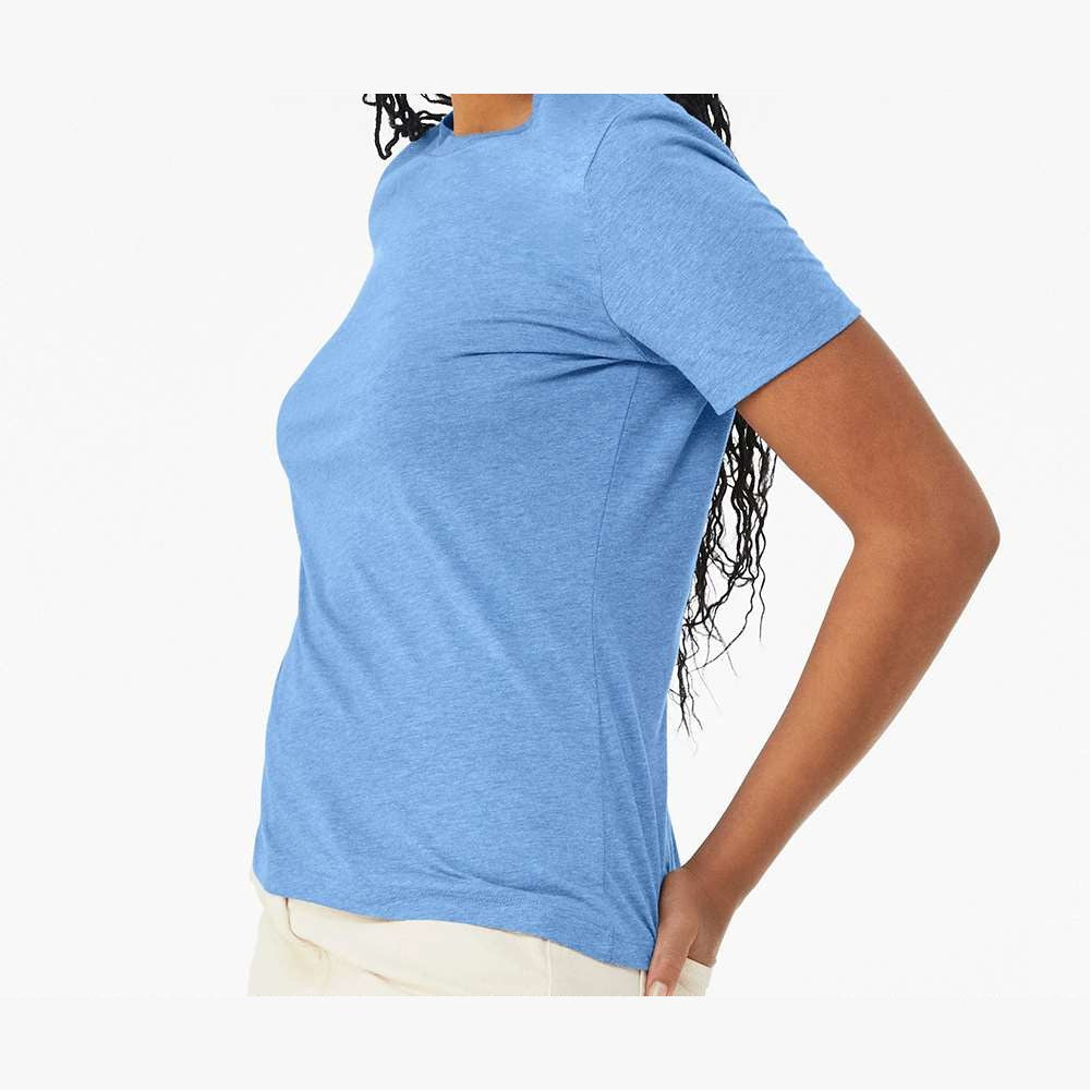 BELLA + CANVAS Women's Relaxed Fit Heather CVC Tee - Heather Carolina Blue - On Model Side
