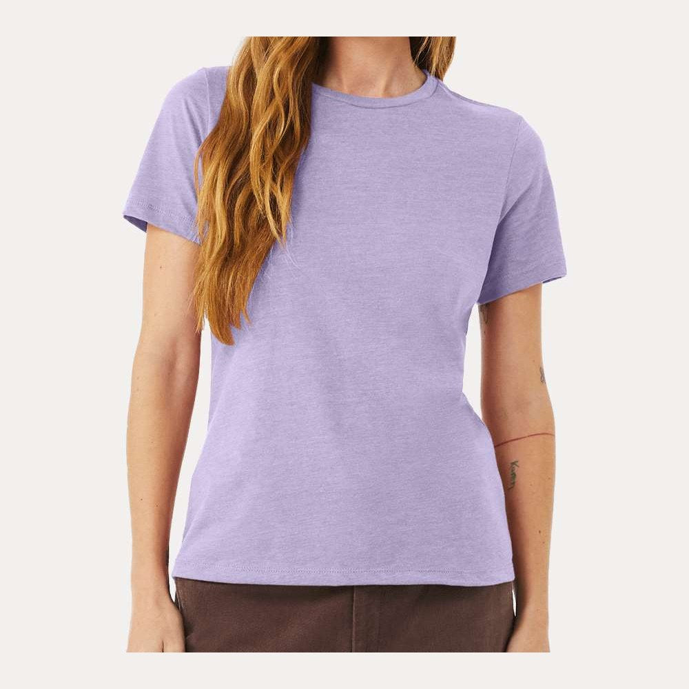 BELLA + CANVAS Women's Relaxed Fit Heather CVC Tee - Heather Dark Lavender - On Model Front