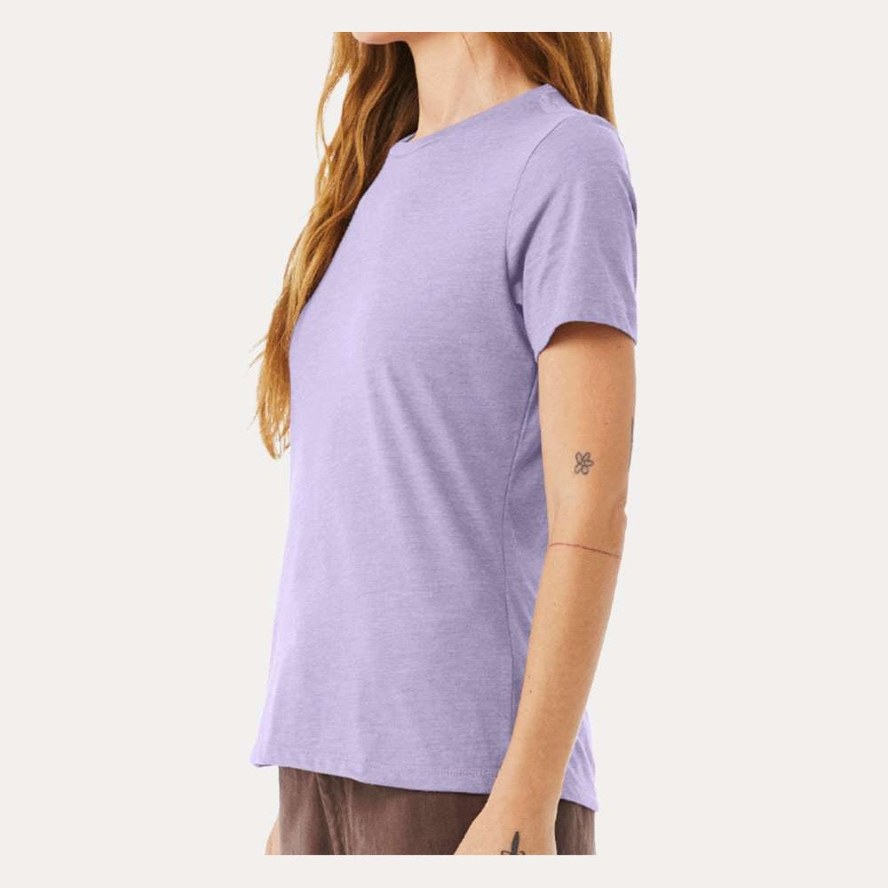 BELLA + CANVAS Women's Relaxed Fit Heather CVC Tee - Heather Dark Lavender - On Model Side