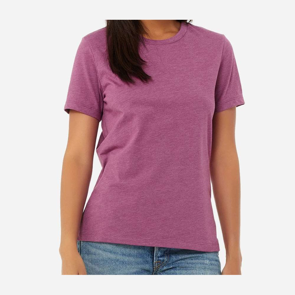 BELLA + CANVAS Women's Relaxed Fit Heather CVC Tee - Heather Magenta - On Model Front