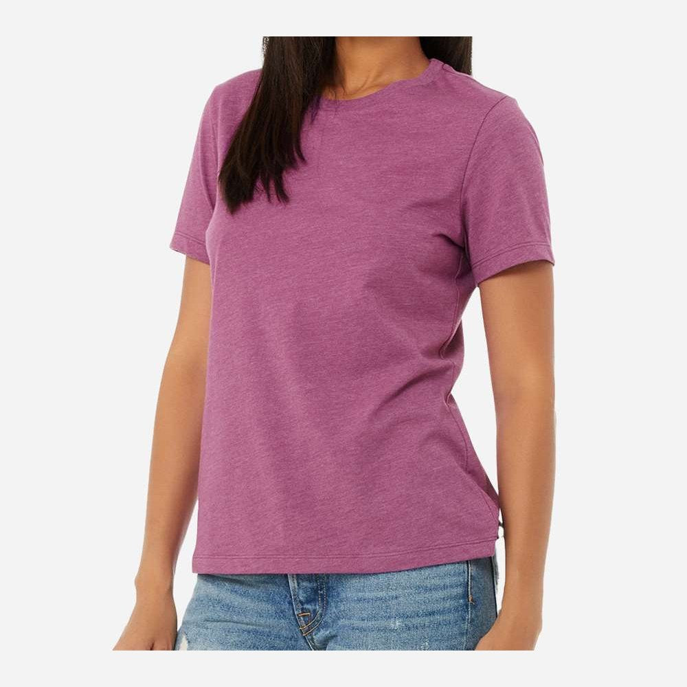 BELLA + CANVAS Women's Relaxed Fit Heather CVC Tee - Heather Magenta - On Model Side