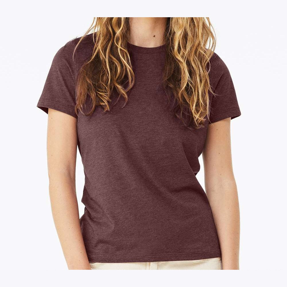 BELLA + CANVAS Women's Relaxed Fit Heather CVC Tee - Heather Maroon - On Model Front