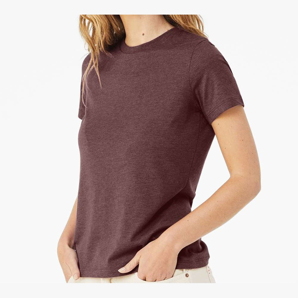 BELLA + CANVAS Women's Relaxed Fit Heather CVC Tee - Heather Maroon - On Model Side