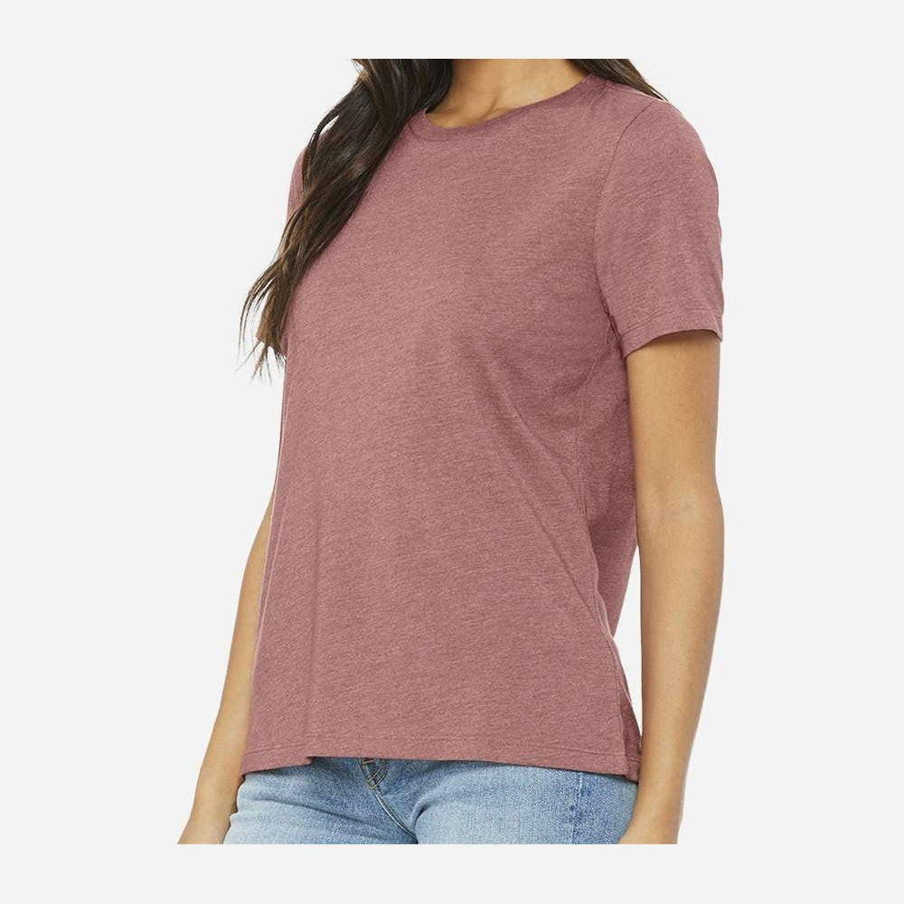 BELLA + CANVAS Women's Relaxed Fit Heather CVC Tee - Heather Mauve - On Model Side