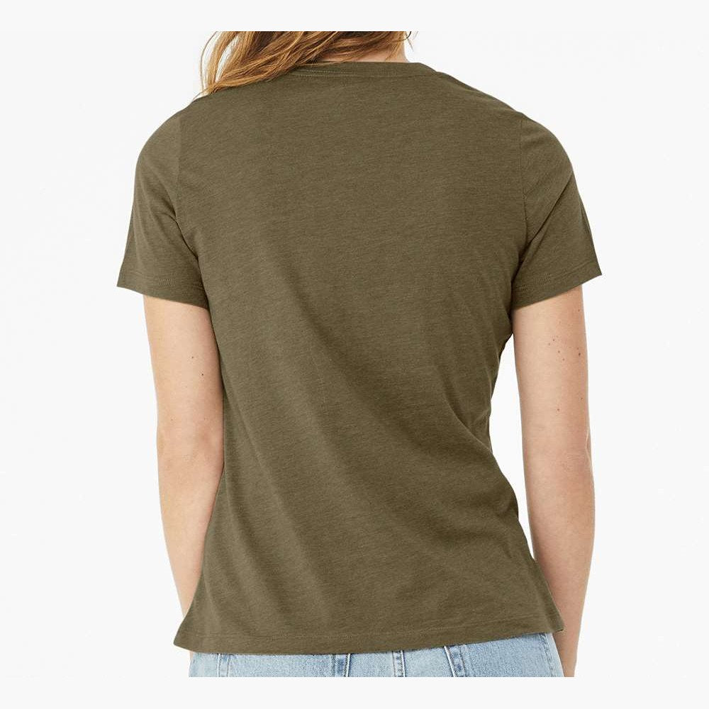 BELLA + CANVAS Women's Relaxed Fit Heather CVC Tee - Heather Olive - On Model Back