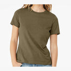 BELLA + CANVAS Women's Relaxed Fit Heather CVC Tee - Heather Olive - On Model Front