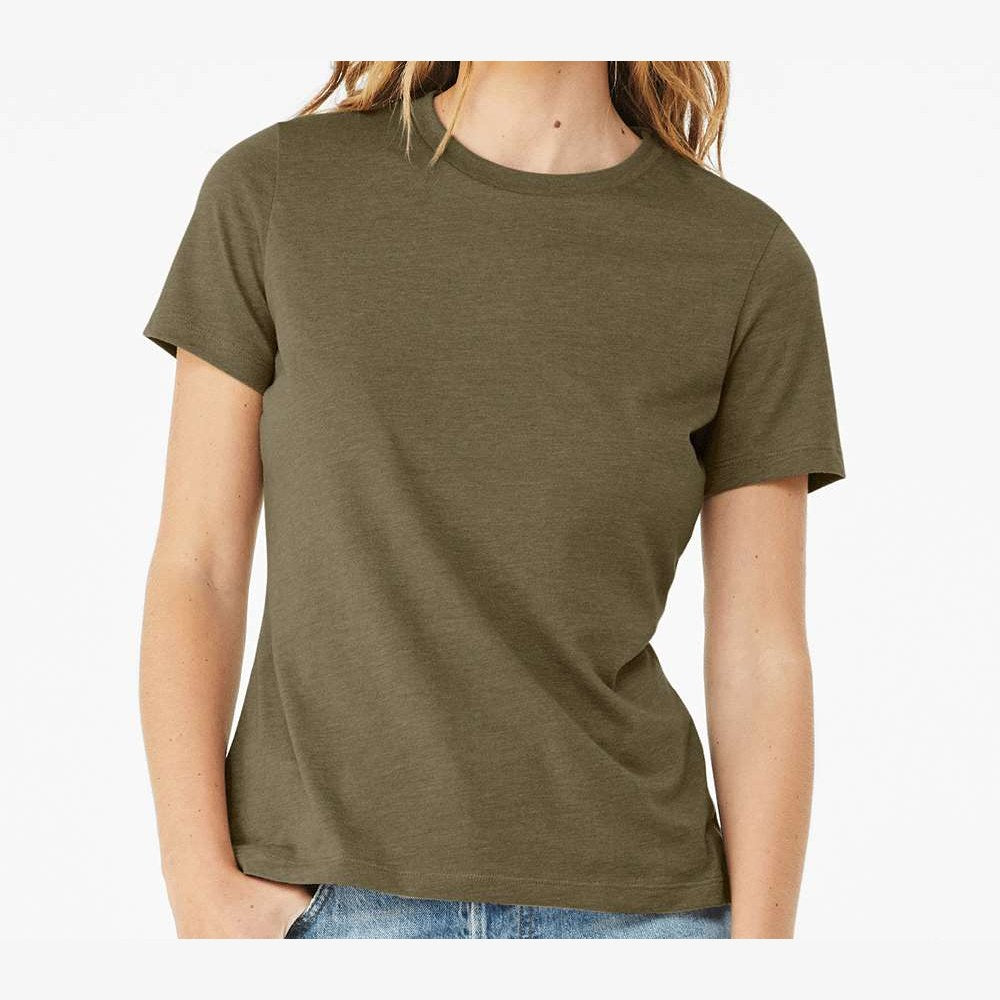 BELLA + CANVAS Women's Relaxed Fit Heather CVC Tee - Heather Olive - On Model Front