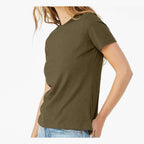 BELLA + CANVAS Women's Relaxed Fit Heather CVC Tee - Heather Olive - On Model Side
