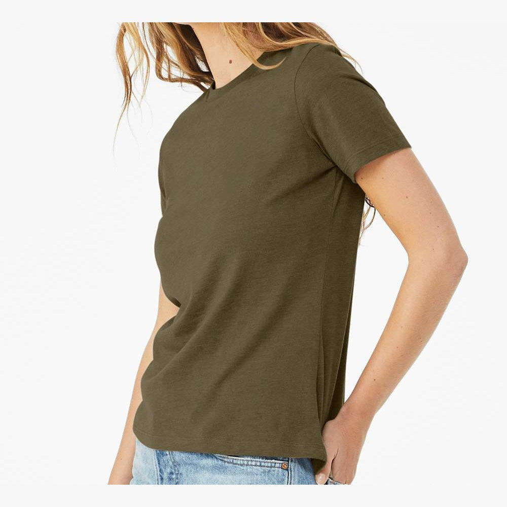 BELLA + CANVAS Women's Relaxed Fit Heather CVC Tee - Heather Olive - On Model Side