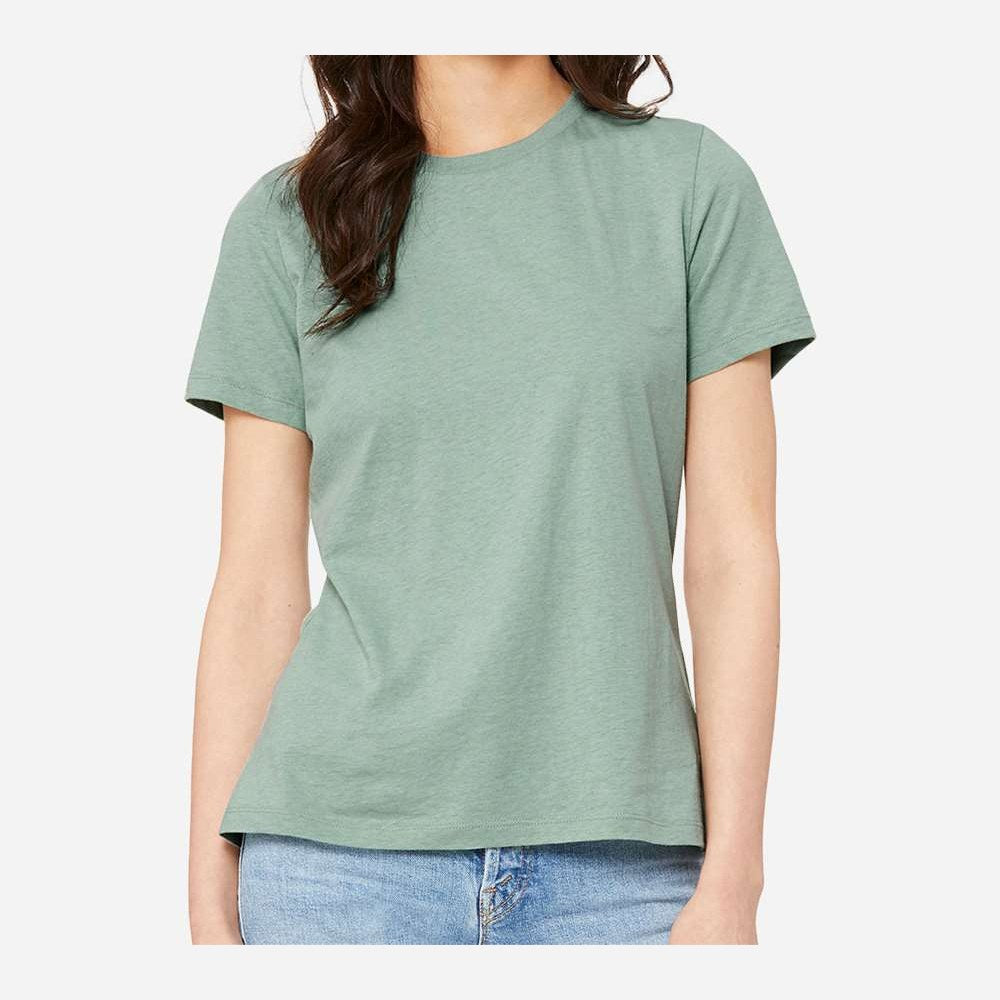 BELLA + CANVAS Women's Relaxed Fit Heather CVC Tee - Heather Prism Dusty Blue - On Model Front