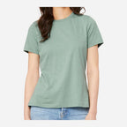 BELLA + CANVAS Women's Relaxed Fit Heather CVC Tee - Heather Prism Dusty Blue - On Model Front