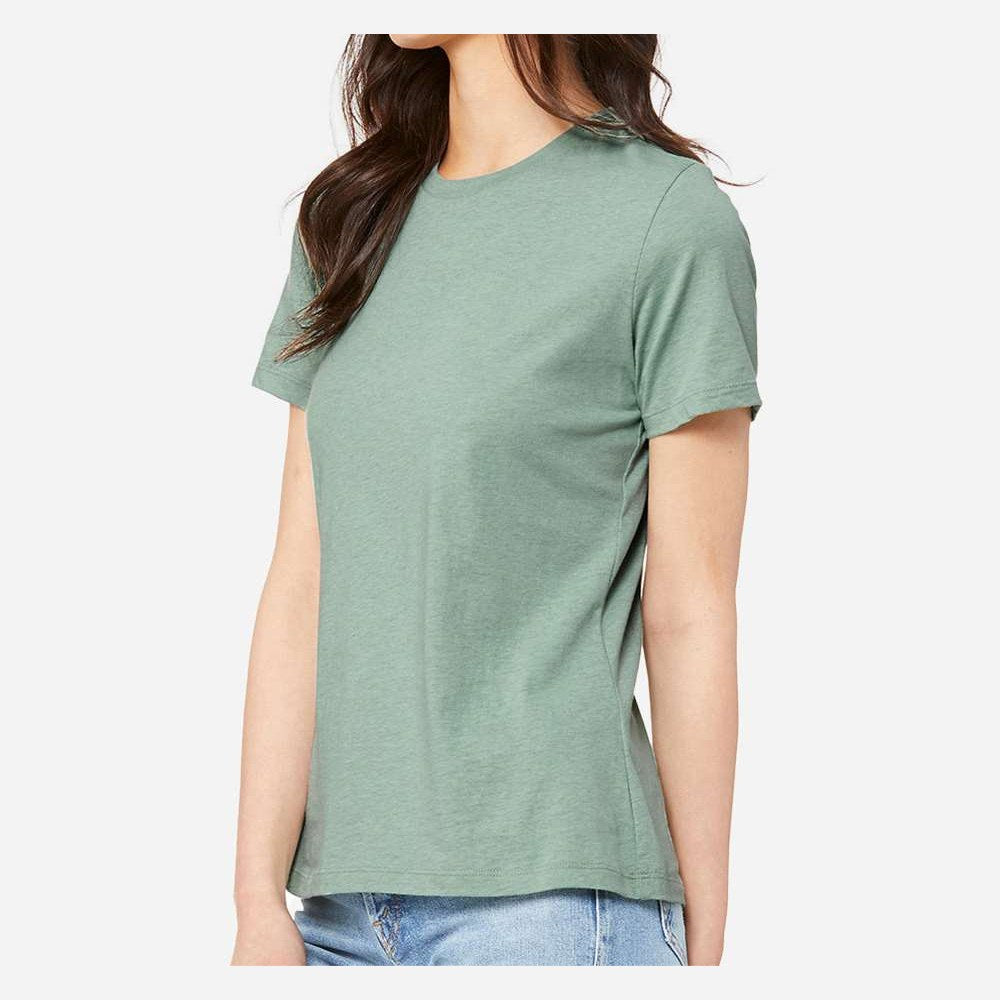 BELLA + CANVAS Women's Relaxed Fit Heather CVC Tee - Heather Prism Dusty Blue - On Model Side