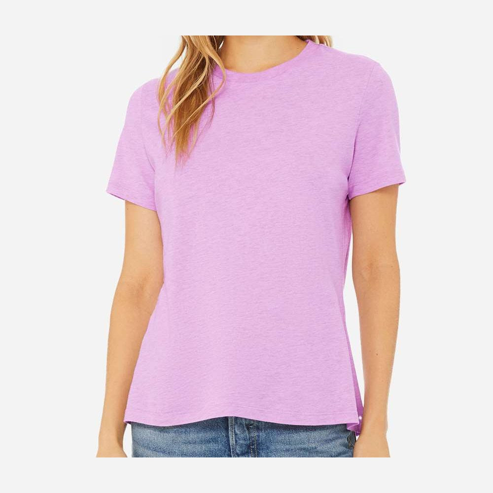 BELLA + CANVAS Women's Relaxed Fit Heather CVC Tee - Heather Prism Lilac - On Model Front