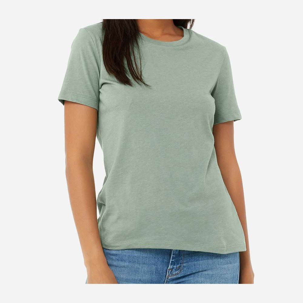 BELLA + CANVAS Women's Relaxed Fit Heather CVC Tee - Heather Sage - On Model Front