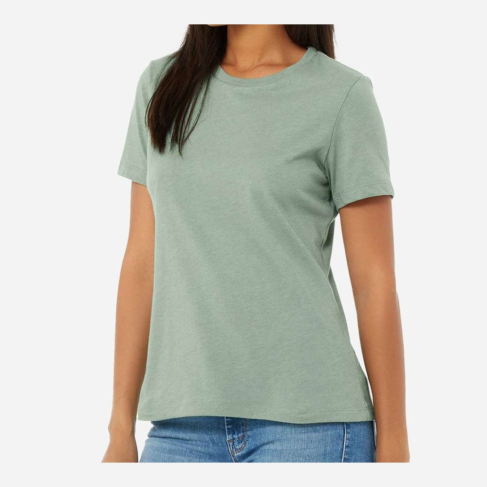 BELLA + CANVAS Women's Relaxed Fit Heather CVC Tee - Heather Sage - On Model Side
