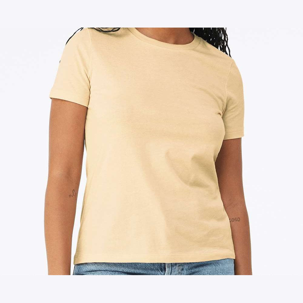 BELLA + CANVAS Women's Relaxed Fit Heather CVC Tee - Heather Soft Cream - On Model Front